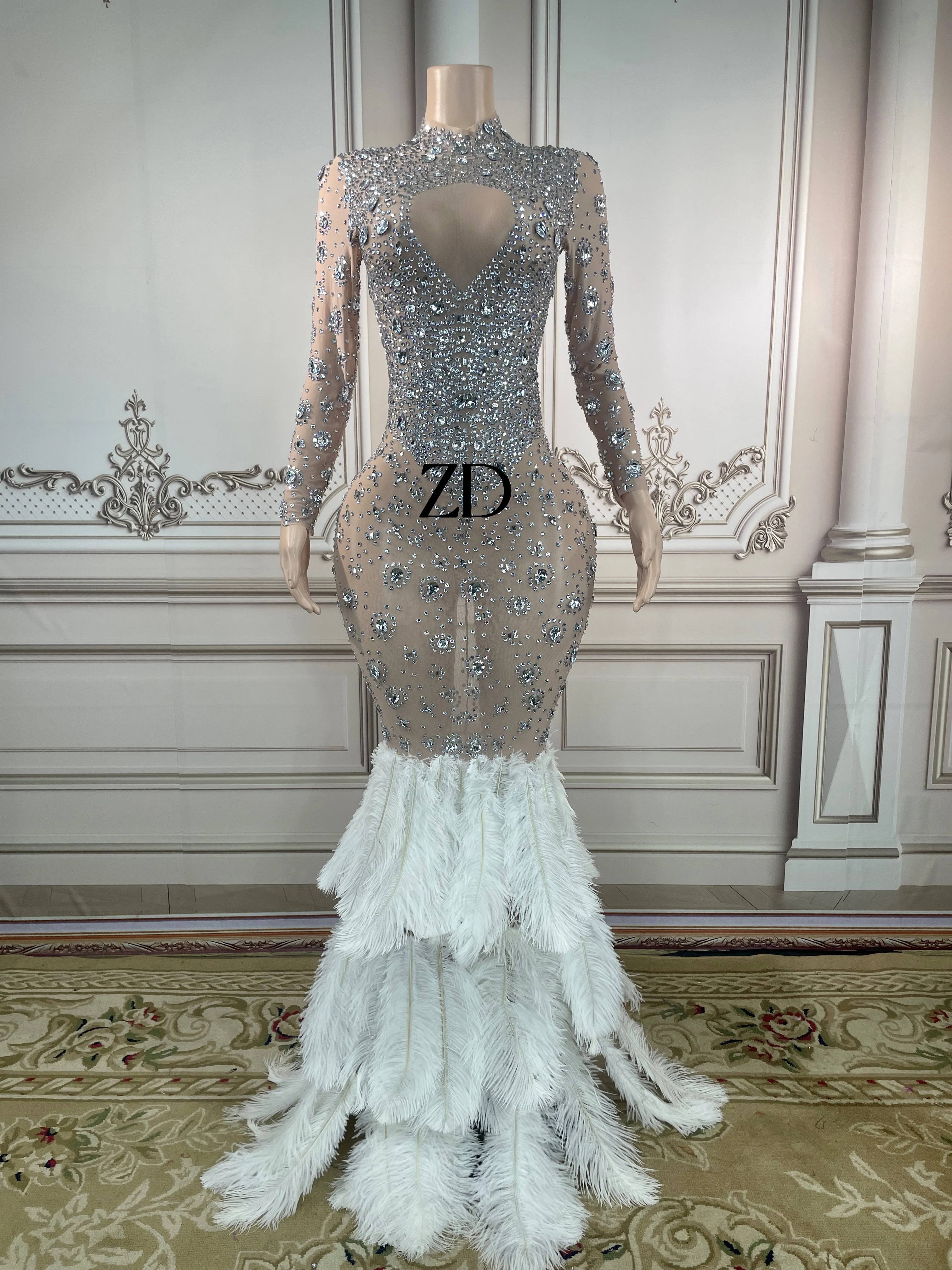 Women Sexy Luxurious Rhinestone Crystals redMesh Long Feather Dress Birthday Celebrate Evening Prom Gown Dress Singer Stage Wear