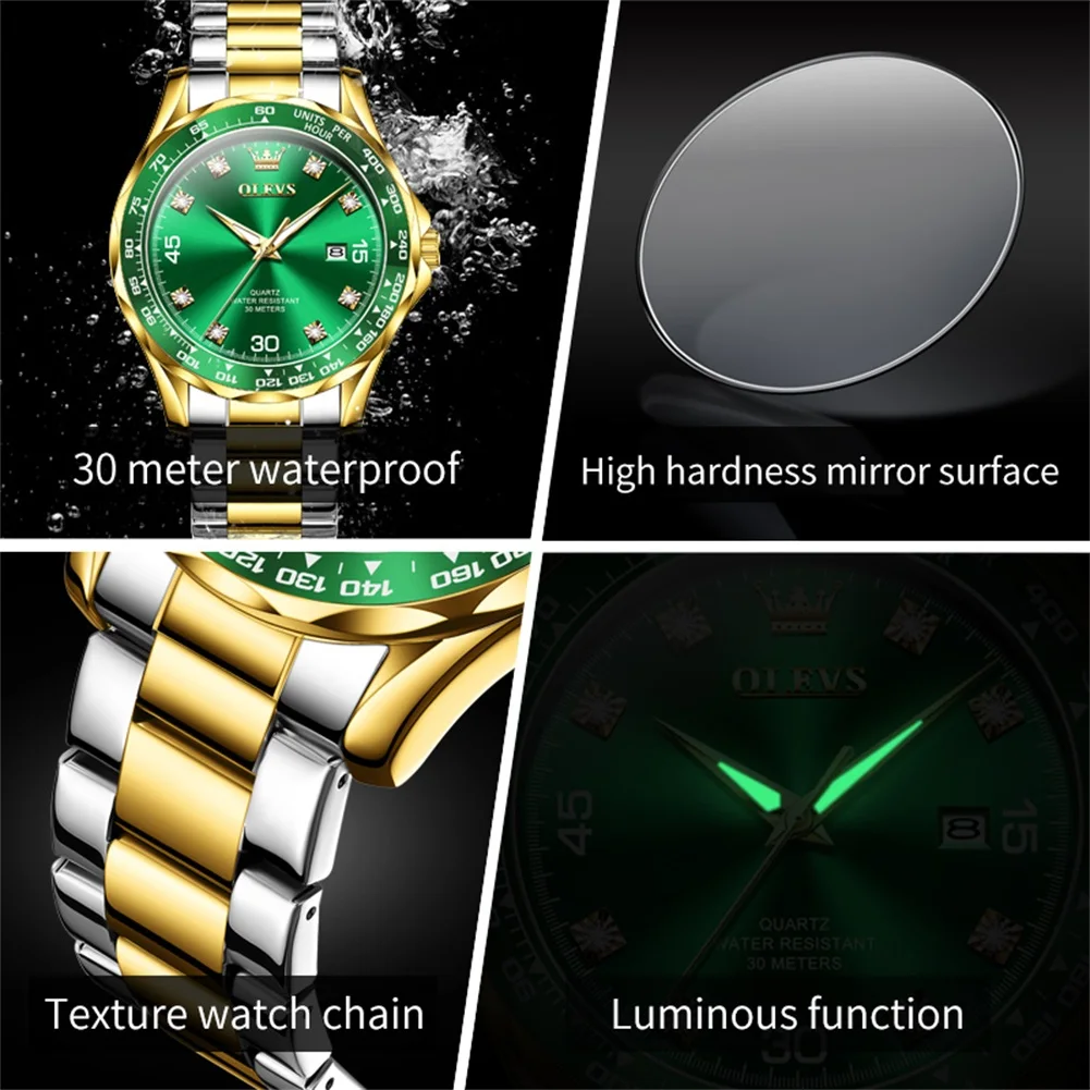 OLEVS-Montre-bracelet à quartz série Diving pour homme, eau verte, fantôme, acier inoxydable, étanche, date Shoous, montre de luxe pour homme, nouveau