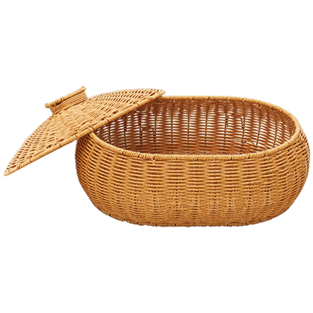 

Rattan Woven Basket Versatile Weaving Container With Lid Multi-purpose Egg Fruit Bread Basket Secure Food Storage Basket