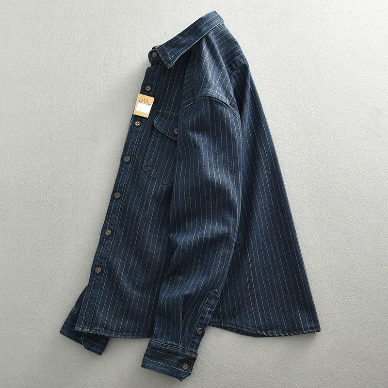 Denim Shirt Long Sleeved Shirt 17oz Heavyweight Retro Casual Wear Men's Shirt Coat Washed Denim Cargo Jeans Oversized Tops Vertical Stripped Long Sleeve Male