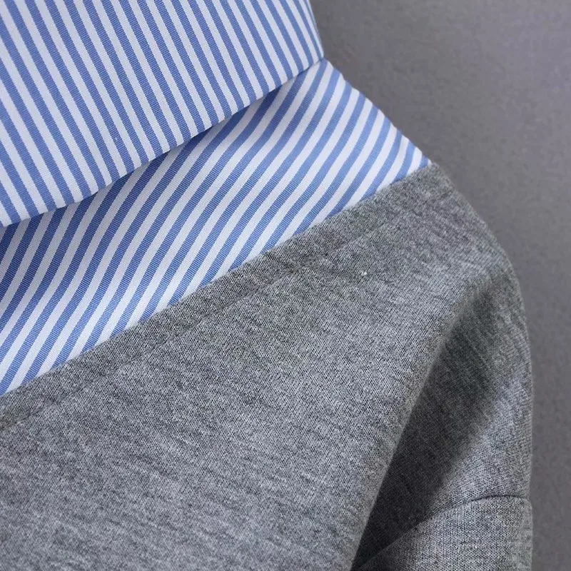 Women's Loose Stripe Tops, Female Hoodies, Plus Size Sweatshirts, Casual Clothes, Fake Two Pieces, Spring, Autumn