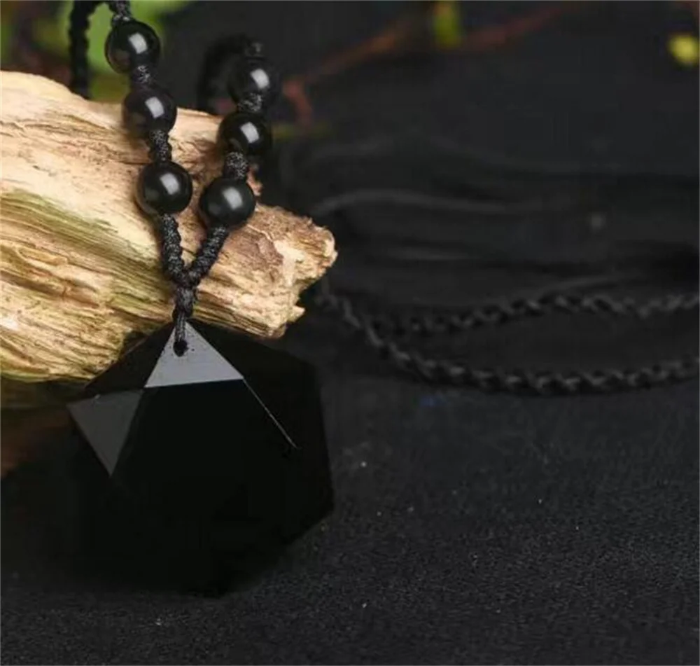100% Natural Black Obsidian Carved Lucky Six Angle Star Faced Pendant + Free Necklace Fashion Crystal for woman man's Jewelry