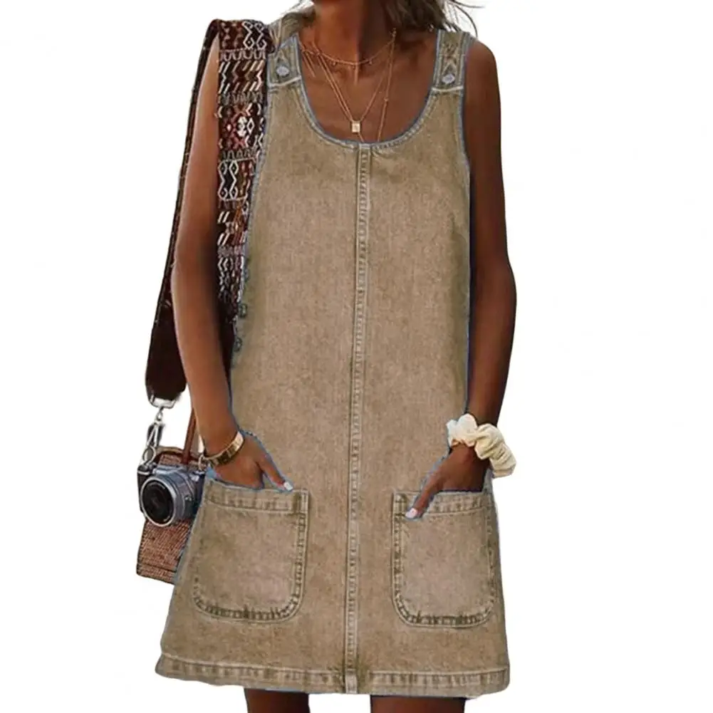 

Свободное платье из искусственной джинсовой ткани с круглым вырезом и карманами, модное мягкое однотонное платье с подтяжками для молодых девушек, не скатывается, уличная одежда