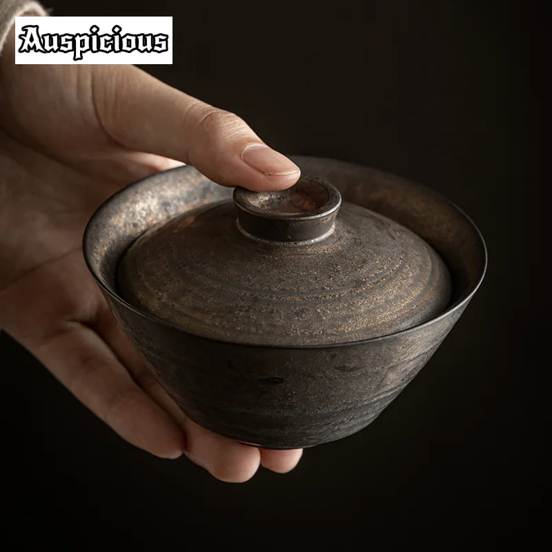 Handmade Iron Rust Glazed Gaiwan 140ml Japanese Coarse Pottery Tea Tureen Tea Maker Cover Bowl Chinese Set Accessories Craft