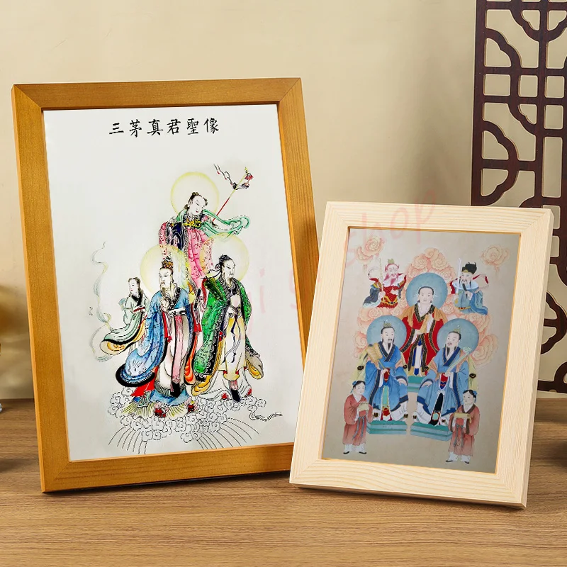 

Statue of Sanmao Zhenjun Wood frame hanging picture, Exquisite Taoist solid wood ornaments