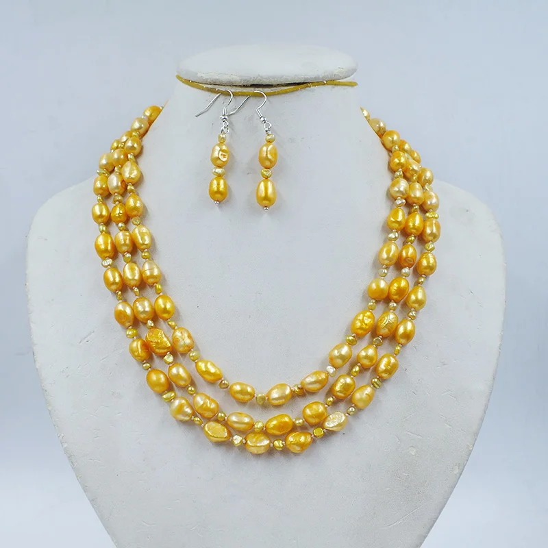 

3-row 8MM natural Baroque freshwater pearl necklace/earring set. African Bride Wedding Jewelry