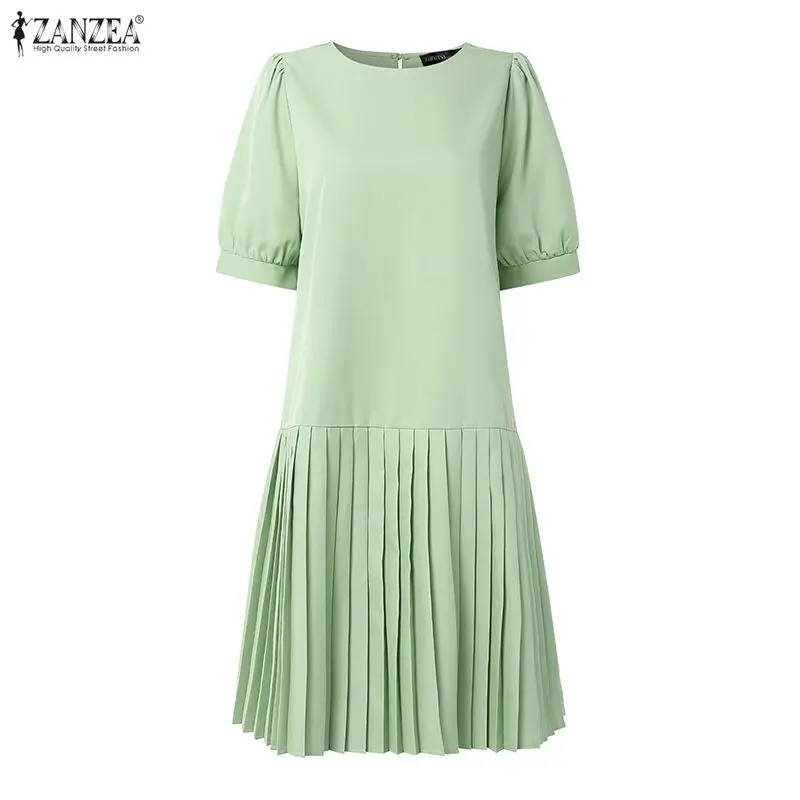 Fashion ZANZEA Summer Short Sleeve Women Dress Puff Sleeve Solid Color Pleated Dresses O Neck OL Work Party Vestidos Streetwear 4
