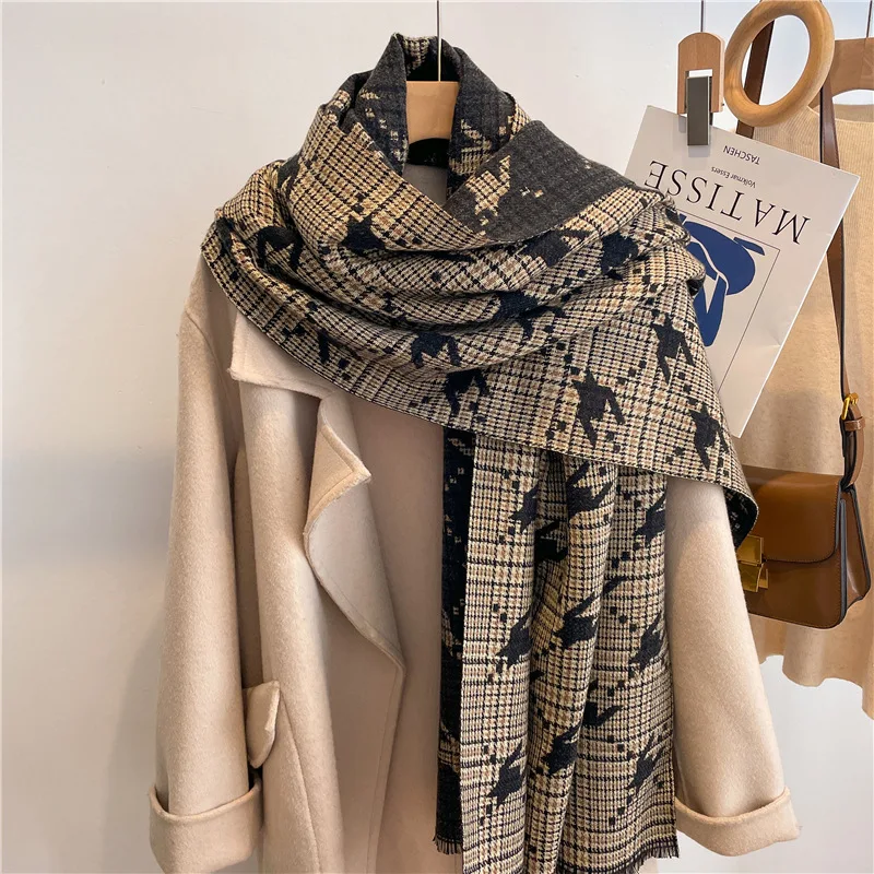 2023 New Winter Scarf Women Cashmere Long Shawl Wraps Warm Houndstooth Printed Blanket Scarves Pashmina Bufandas Female Foulard