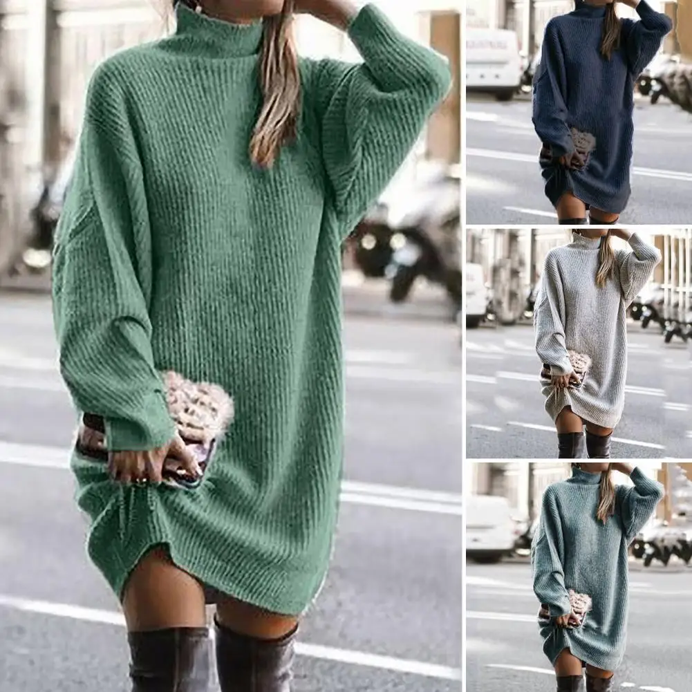 Sweater Dress Knee Length Winter Dress Plus Size Ladies Autumn Winter Solid Color Knitted Casual Midi Dress Coldproof