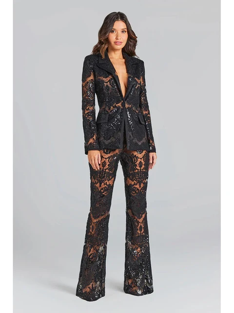 HIGH STREET Newest 2026 Designer Runway Suit Set Women's Single Button Guipure Lace Blazer  Flare Pants Set