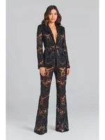 HIGH STREET Newest 2024 Designer Runway Suit Set Women's Single Button Guipure Lace Blazer  Flare Pants Set 1
