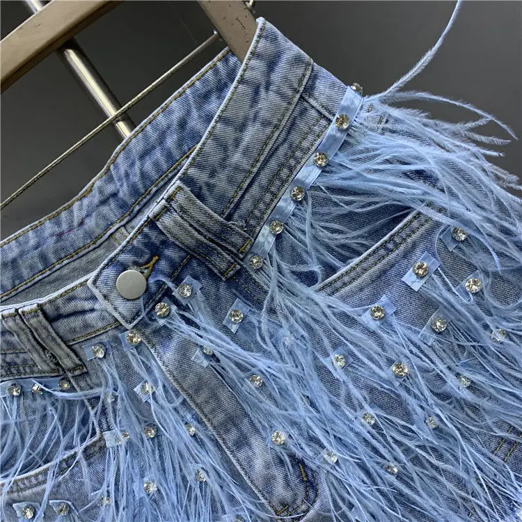 Summer New Fashion Denim Shorts Women Personalized Tassel Diamond Wash Light Blue Short Jeans Fashion Sexy Feather Hot Pants