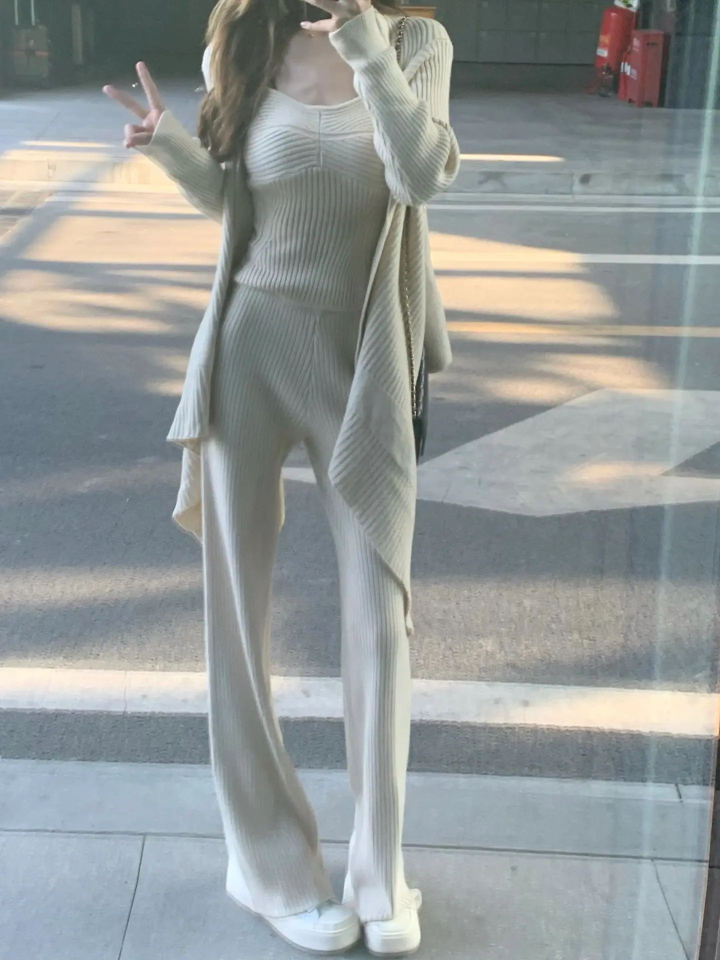 Conjunto de 3 piezas de punto liso para otoño e invierno, camiseta sin mangas para mujer, pantalones largos, cárdigan, suéter, jersey, moda coreana, conjuntos casuales, nuevo