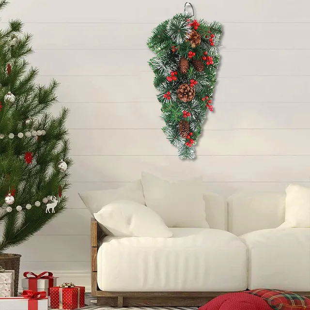 Karácsonyi Mesterséges Szajré Könnycsepp Koszorú Bejárati Ajtó Bogyóval És Fenyő Kúpokkal Otthoni Dekorációhoz - Image 4