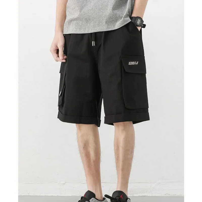 Summer Thin Men's Clothing Loose Oversized Fashion Casual Solid Color Trend Elastic Waist Drawstring Handsome Cargo Sports Short