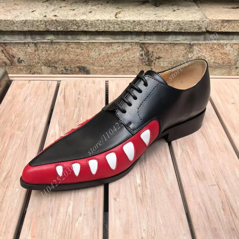 Black Graffiti White Leather Men Derby Pointed Toe Thick Heel Eye Totem Low Flat Shoes Spring Lace-Up Loafers Party Wedding Shoe 5