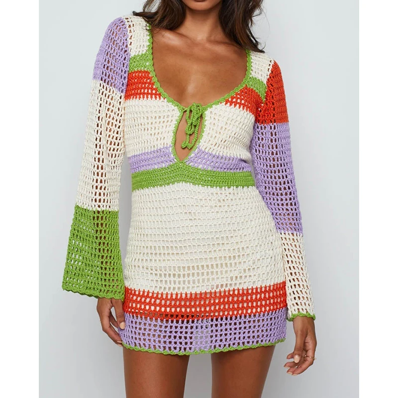 

Women Striped Crochet Color Block Knit Dress Hollow out Swimsuit Cover Ups Beach Dresses Sundress