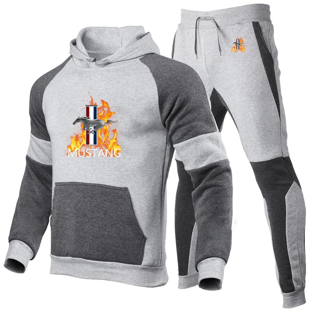 New Spring and Autumn Mustang Printed Men's Hooded Sportswear Large Pocket Contrast Sweater Sweater Pants Set