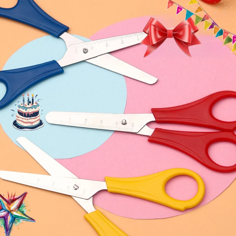 4PCS 플라스틱 안전 가위, 측정 눈금자, 둥근 끝, DIY 공예 종이 절단, 휴대용 소형 가위, 가정 및 사무실용
