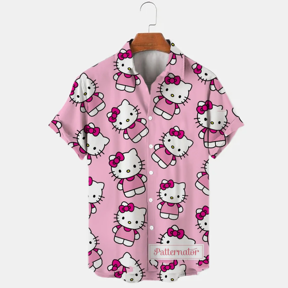 

Summer Hello Kitty 3D Printing Shirt Ladies Casual Button Y2k Anime Fashion Short Sleeve Loose Shirt Top S-5XL