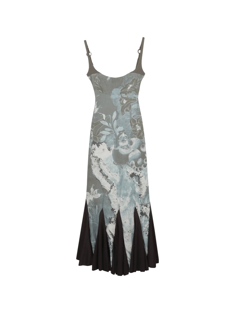 

Женское платье с открытой спиной, зеленое платье на бретельках с принтом в китайском стиле, облегающая юбка годе в национальном стиле, лето