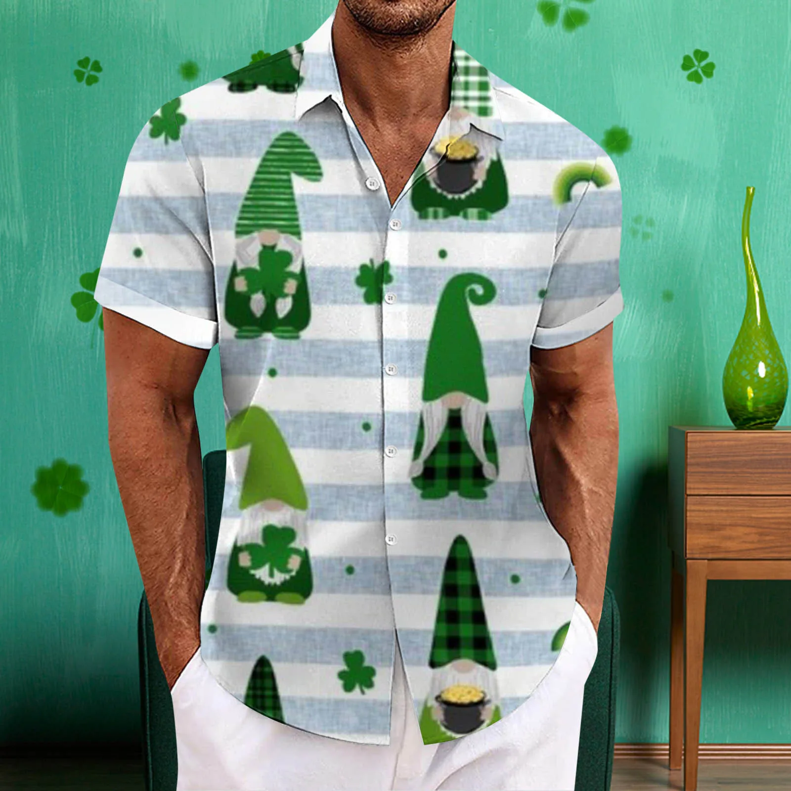 

St-Patrick-Day shirts Irish-National-Day Short-Sleeve shirt Men's Blouses Stripe Hombre Clover Green lapel-neck Tops camisas