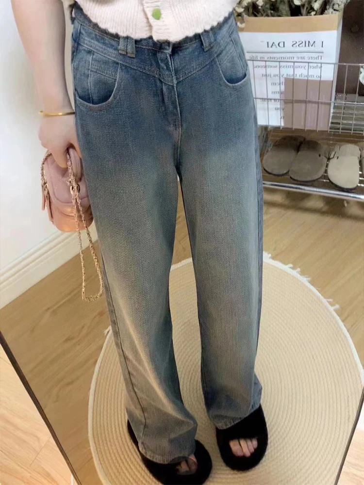 

Korean Style Vintage High Waist Women Jeans All Season Fashion Loose Solid Color Simple Casual Pocket Female Straight Trousers