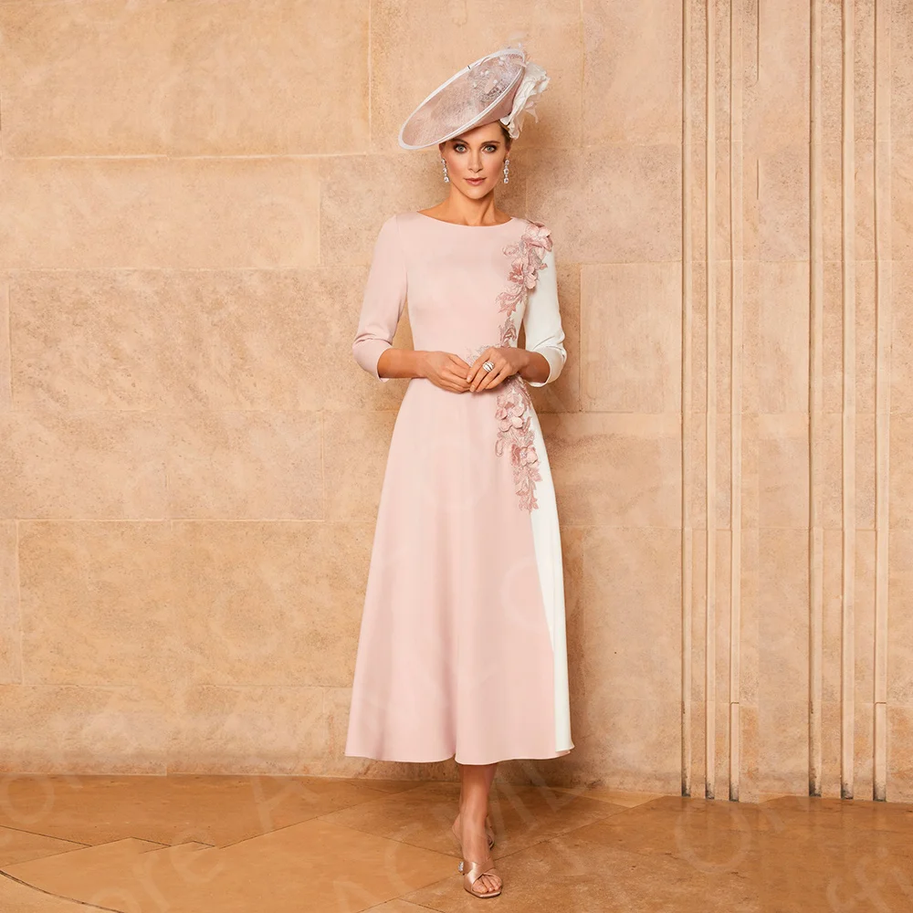 Mother Bride Dresses Women Party Dresses Pale Pink Mother of the Bridal Dresses Tea Length Wedding Guest Dresses Round Neck Mother Gowns 3/4 Sleeves Flowers