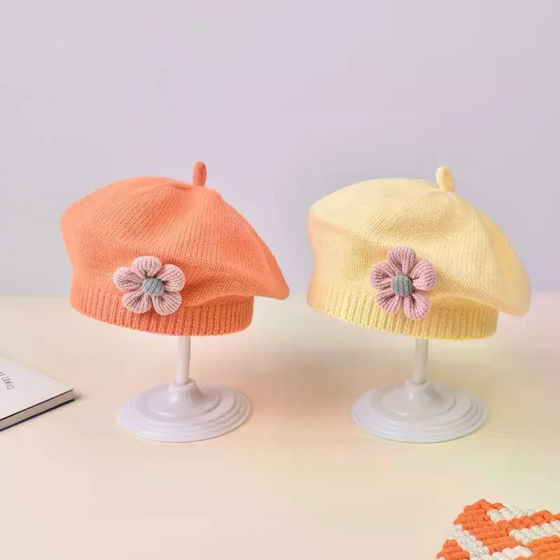 Baby Girls Autumn Winter Woolen Hat - Cute Flower Beret Toddler Artist Knitted Cap For 6-12 Months Newborn Home Outdoor