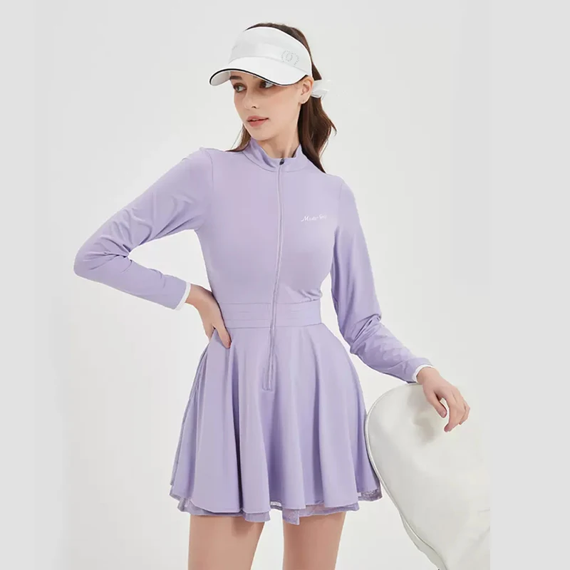 MG sporsts dress new purple long sleeve zip stand collar golf dress woman breathable thin quick dry tennis skirt