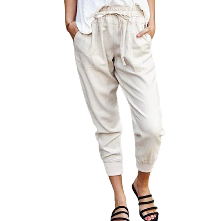 Summer New Solid Color Simple Lace-up Casual Pants High-waisted Slimming Nine Points Small Foot Pants