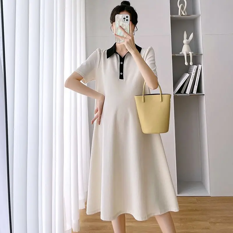 Summer Pregnant Women Dresses Maternity Lapel Dress Pregnancy Solid Color Loose Knee A Skirt Female Girls Casual Clothes womens dresses