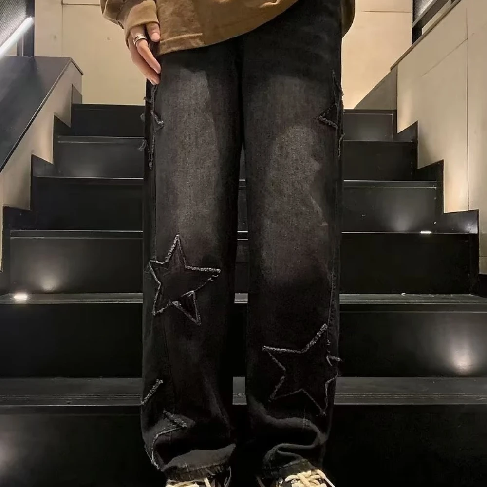 Star Embroidery Straight Casual Men Jeans Neutral Wide Leg Loose Hip-hop Fashion Youth Streetwear Denim Trousers Y2K pants men 5