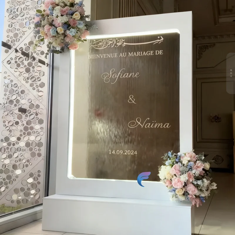 맞춤형 스테인리스 스틸 웨딩 사인 글라스 폭포 벽 아치 장식 LED 무선 제어 분수