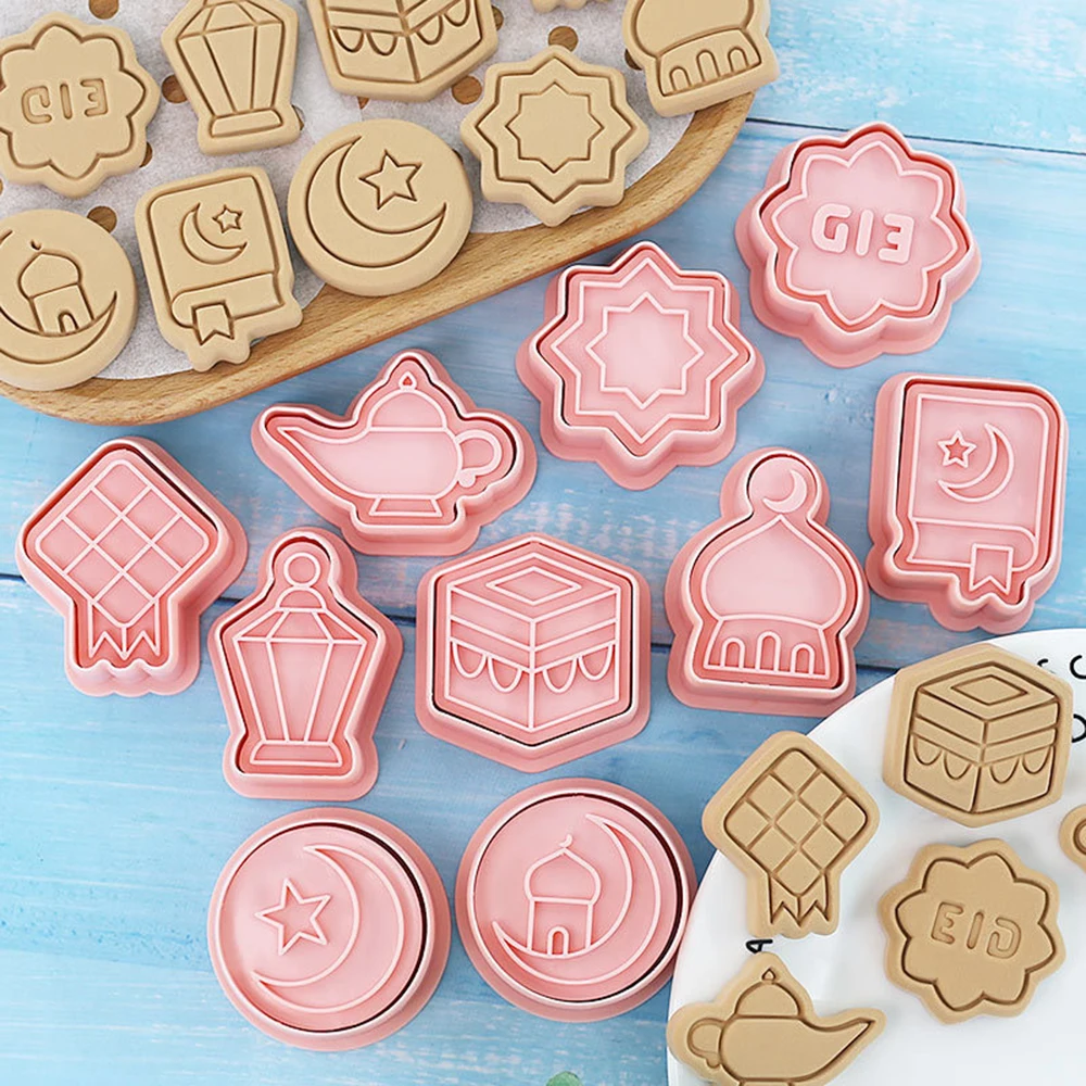 Eid Mubarak Cookie Cutters Ramadan Decoration Plastic Pressable Biscuit Mold Cookie Fondant Stamp Kitchen Baking Pastry Bakeware
