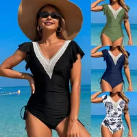 Crochet Drawstring One Piece Swimsuit Women Sexy Ruffle Swimwear Female Solid Bathers Bathing Swimming Swim Suit Beachwear