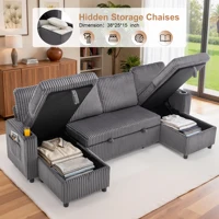 102" Plush Corduroy Sleeper Sofa Bed with Storage Chaise Sectional Couch,Pull Out U Shaped Bed with USB Ports for Living Room 3