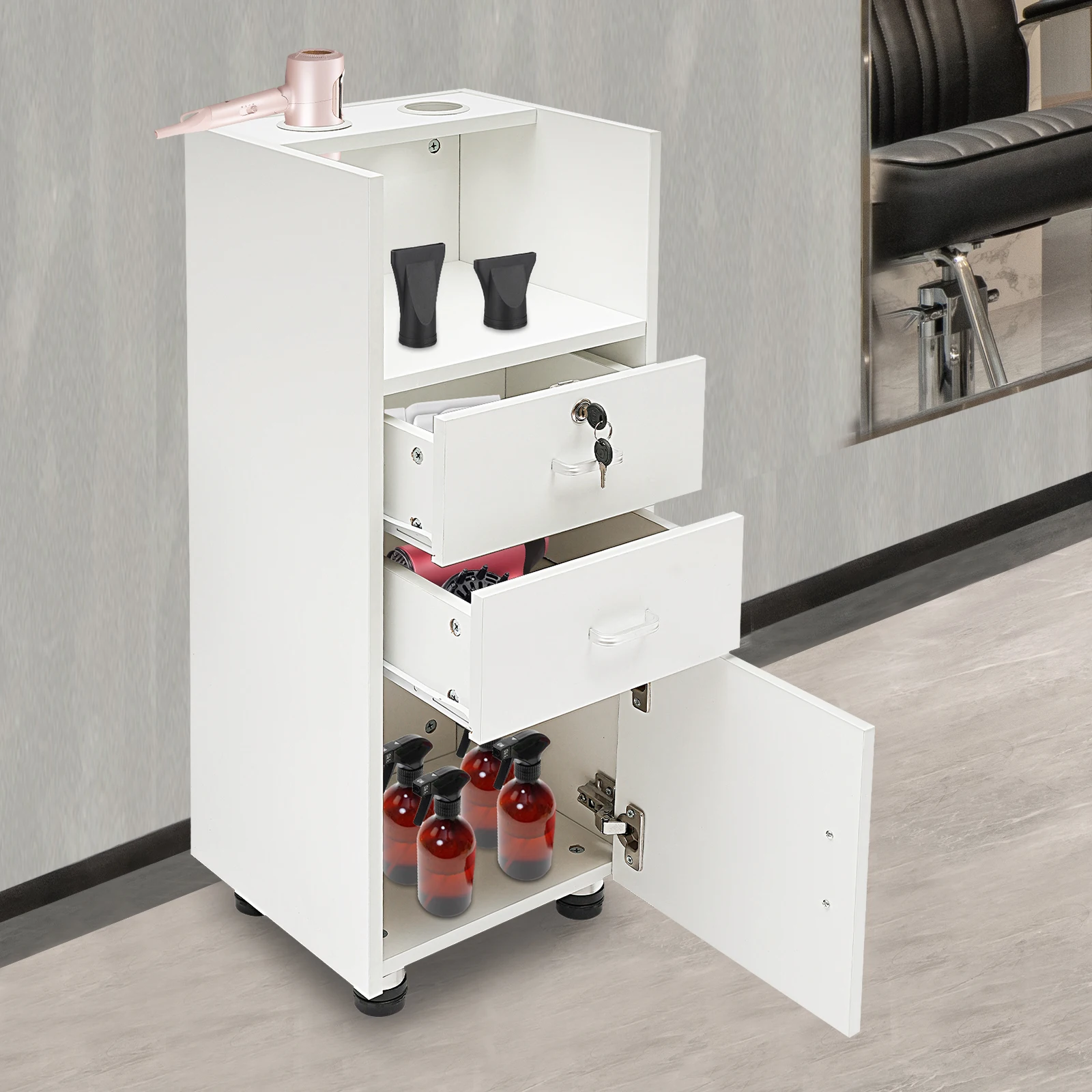 

Barber Stations Storage Cabinet with Drawer Hair Stylist Station with 2 Hair Dryer Holders and Household Supplies Locker