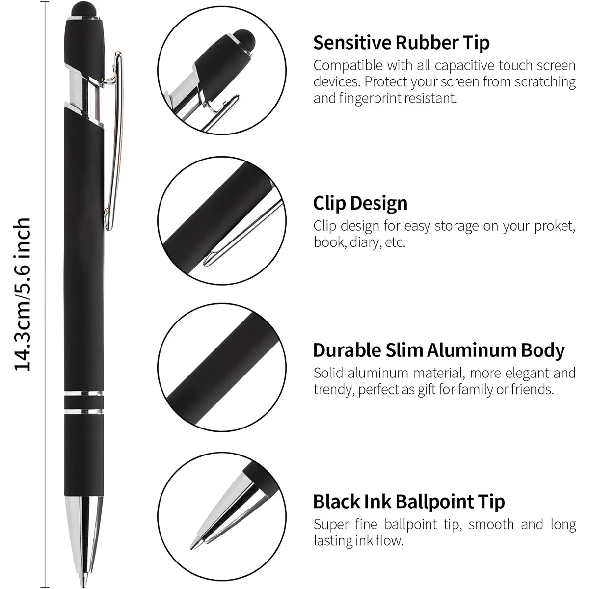 12 Pcs of Metal Aluminum Handle Push Pen Simple Can be Used for Writing and Touch Screen 2 in 1 Ballpoint Pen for Students 2