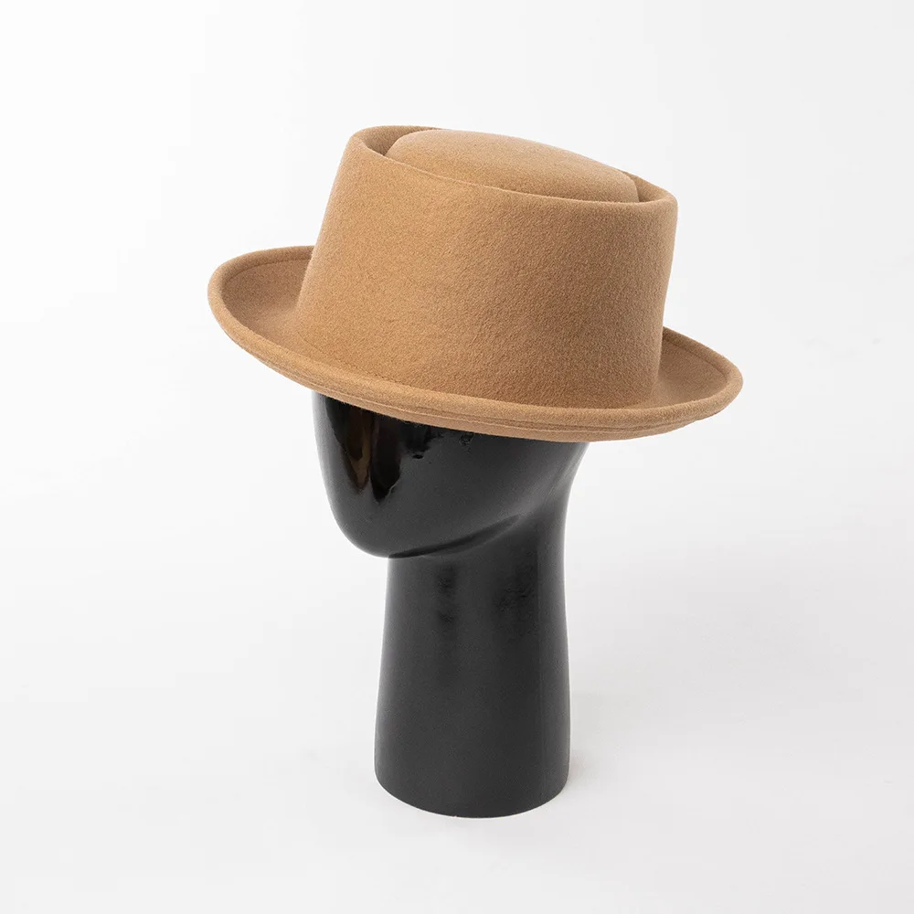 Modische 100 % Wolle Pork Pie Hut Fedora für Männer Frauen Herbst Winter warme Wolle flache Top Hut gebogene Krempe Männer Kleid Outdoor Caps – Detail 18