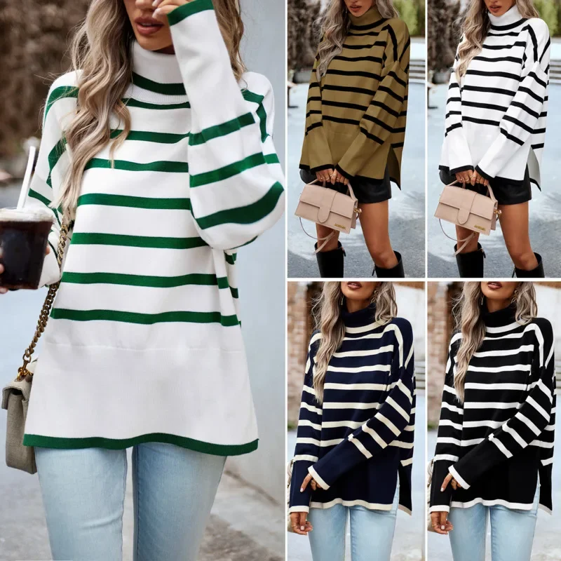 

Women Turtleneck Sweater Fashion Basics Casual All-match High Collar Pullover Striped Knitted Pullvers Sweater Clothing