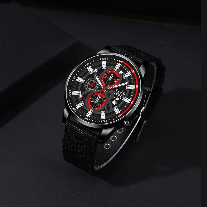 3PCS Set Mens Watches Necklace Bracelet Nylon Quartz Watch Male Business Casual Wrist Watch Fashion Simple