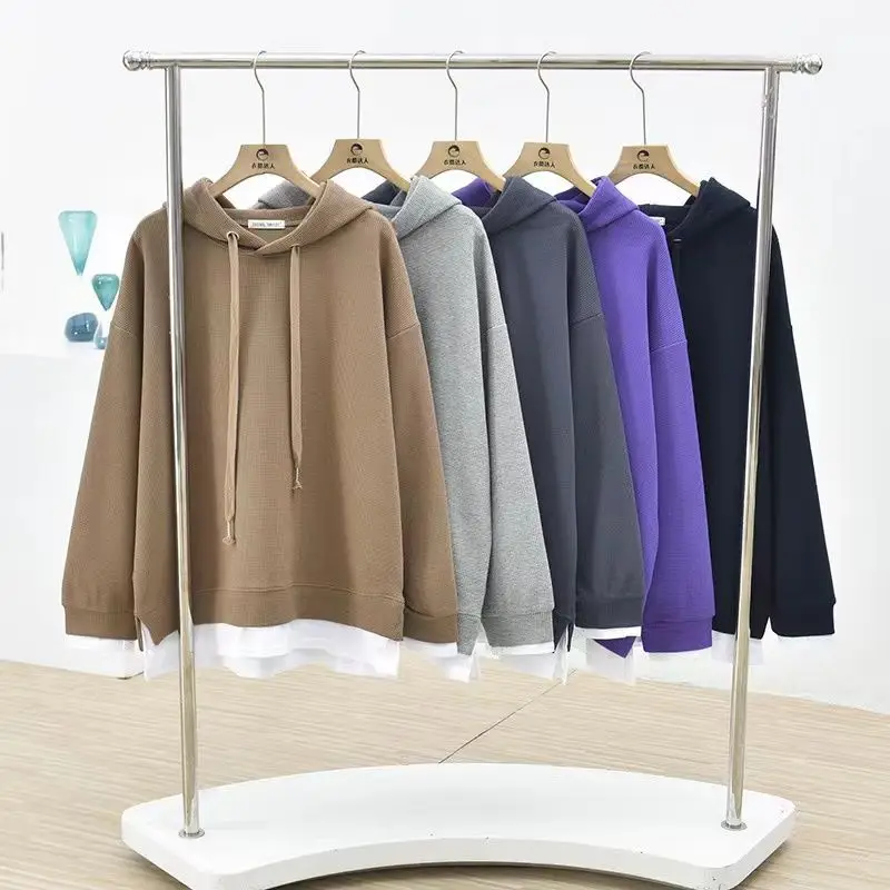 Spring Autumn Contrast Thin Fake Two Piece Hooded Long Sleeve Lacing Loose Plus Size Sweatshirts Casual Fashion Women Clothing