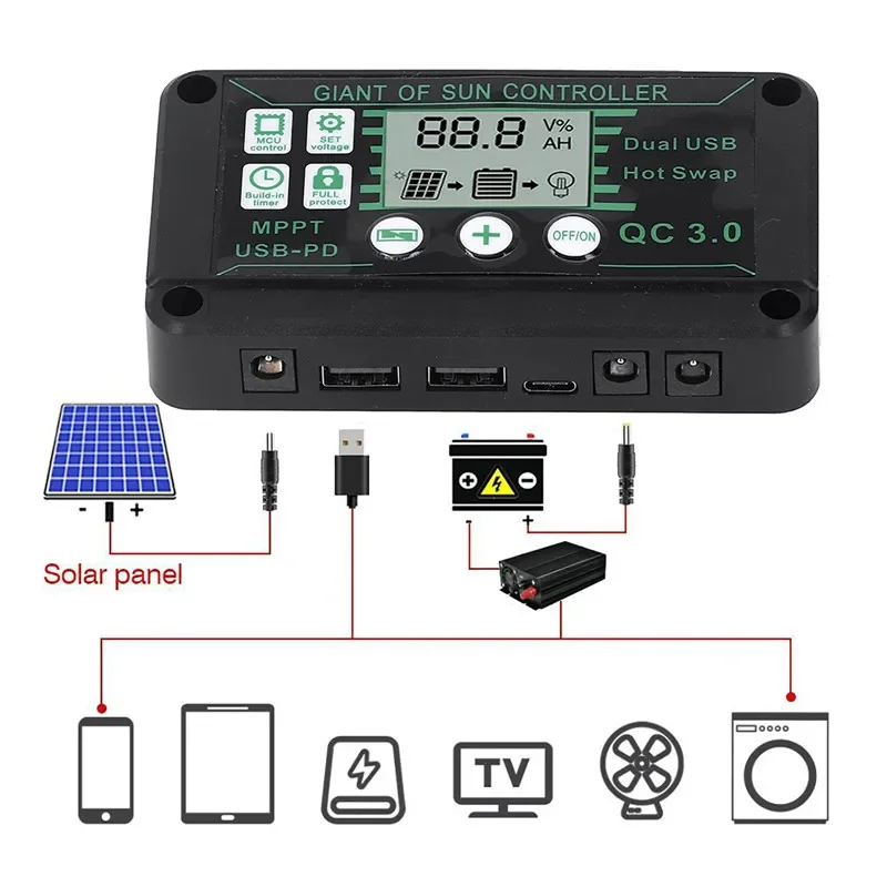방수 MPPT 태양열 충전 컨트롤러 10/20/30/40/50/80/90/100A 12V/24V 듀얼 USB 자동 디스플레이 태양 전지 패널 레귤레이터 컨트롤러