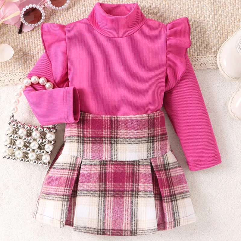 

New Autumn/winter 1-6Y High Neck Pink Cute Long Sleeve Top High Waist Checkered Short Skirt Fashion Girl Beautiful Set