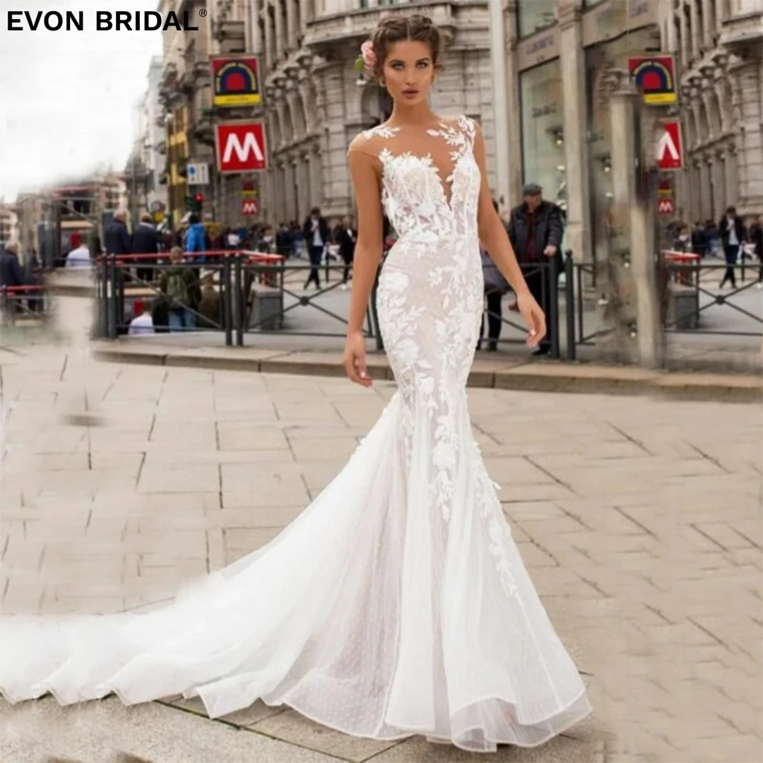 

EVON Свадебные простые 3D Цветы сексуальные свадебные платья русалки для женщин длиной в Пол С Открытой Спиной Кружевные Аппликации с О-образным вырезом Выпускные платья