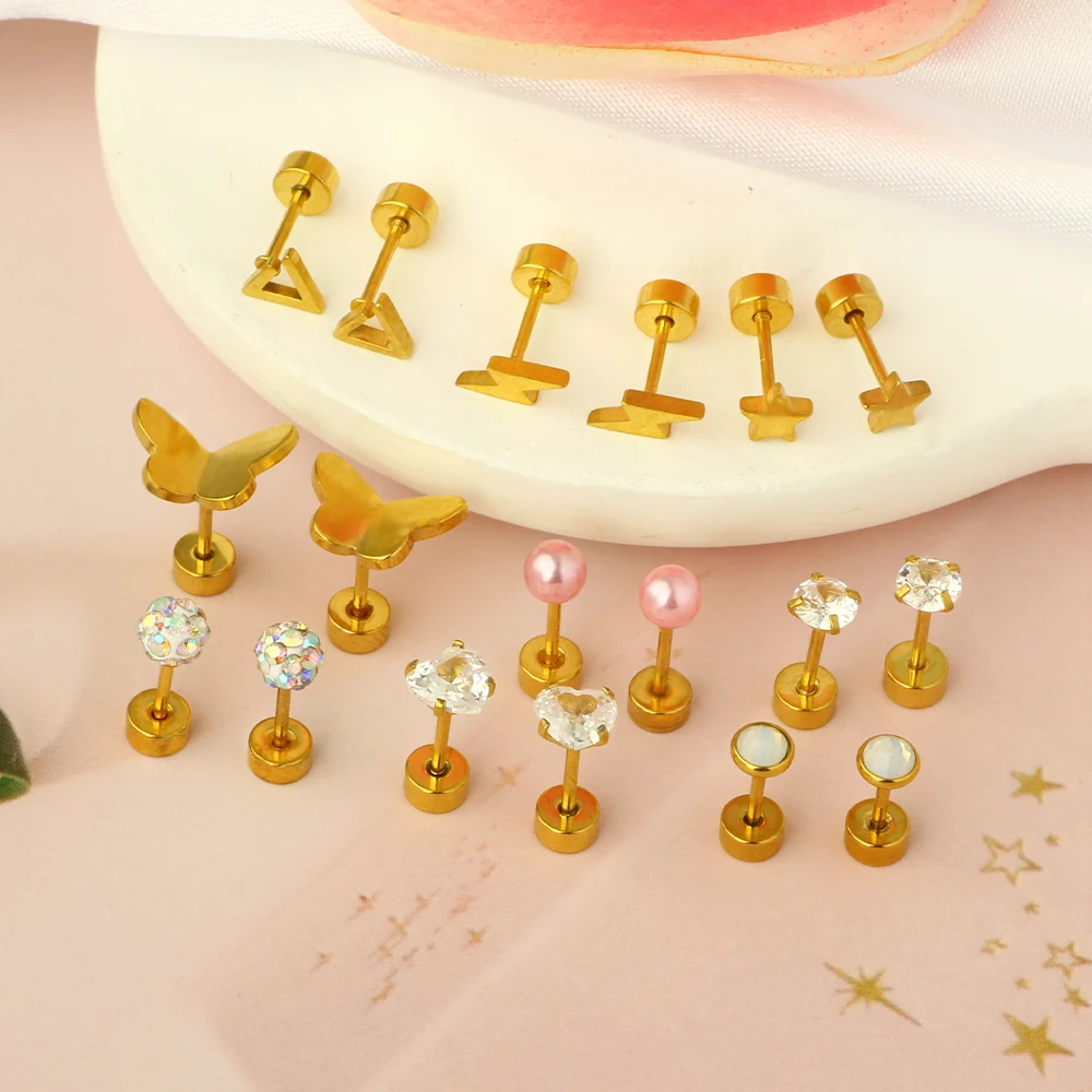 1pair Stainless Steel Golden Cartilage Earrings Stud Tragus Piercing Helix Conch Daith Ear Heart Star Butterfly for Women Men