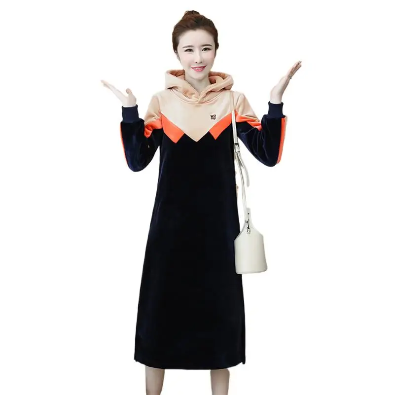 

Autumn Winter Women' Dresses Long Sleeve Hooded Warm Patchwork Dresses Female Casual Loose Vestidos