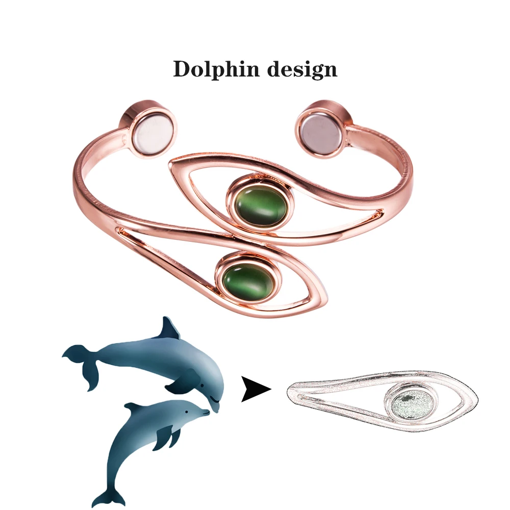 Pure Copper Bracelets Female Magnetic Dolphin Green Stone Adjustable Cuff Bangles for Women