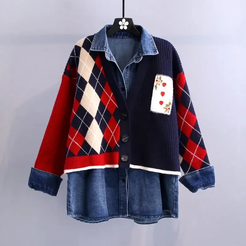 

Knitting Splicing Two Piece Set Denim Jacket Female Fried Street Medium Long 2022 New Outerwear Spring Autumn Cardigan Coat